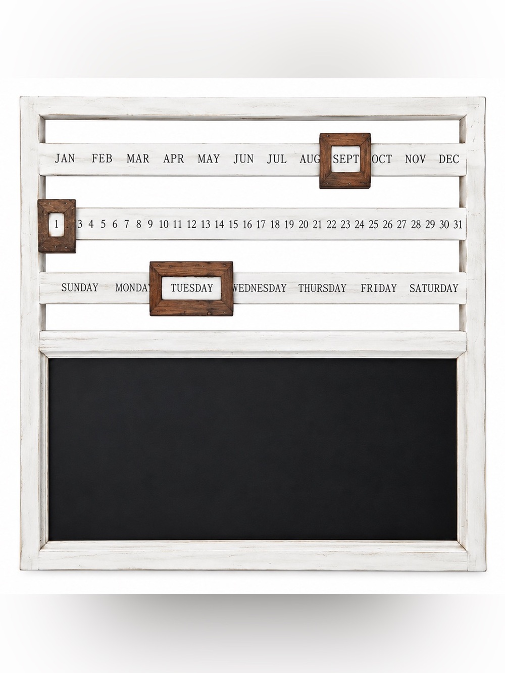 Farmhouse Perpetual Wood Sliding Calendar with Chalkboard & Mounting Hooks